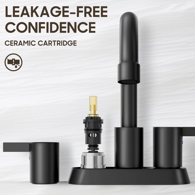 Phiestina 4 Inch 2 Handle Centerset Matte Black Lead-Free Modern Bathroom Faucet, 360 Swivel Spout 2-3 Hole RV Bathroom Vanity Sink Faucet with Pop Up Drain and Water Supply Lines,BF015-1-MB - Image 4